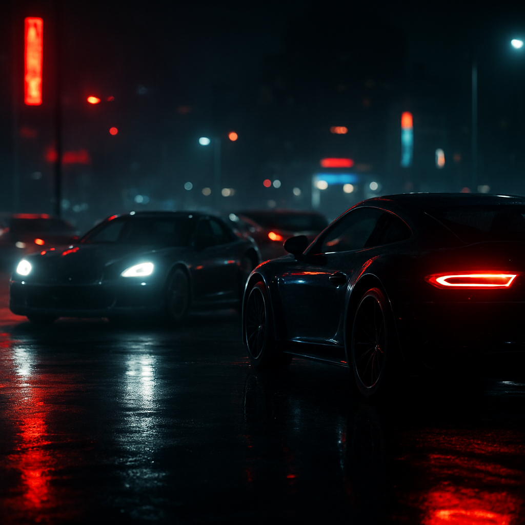 Carros esportivos em evento automotivo noturno
